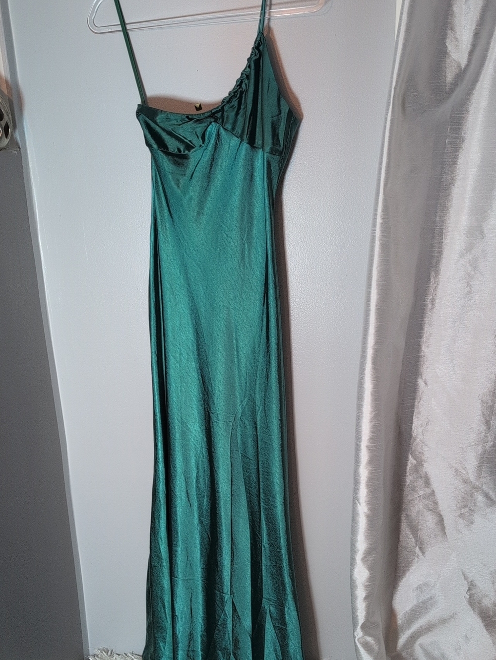 Selfie Leslie Emerald Satin Maxi Slip Dress with Spaghetti Straps